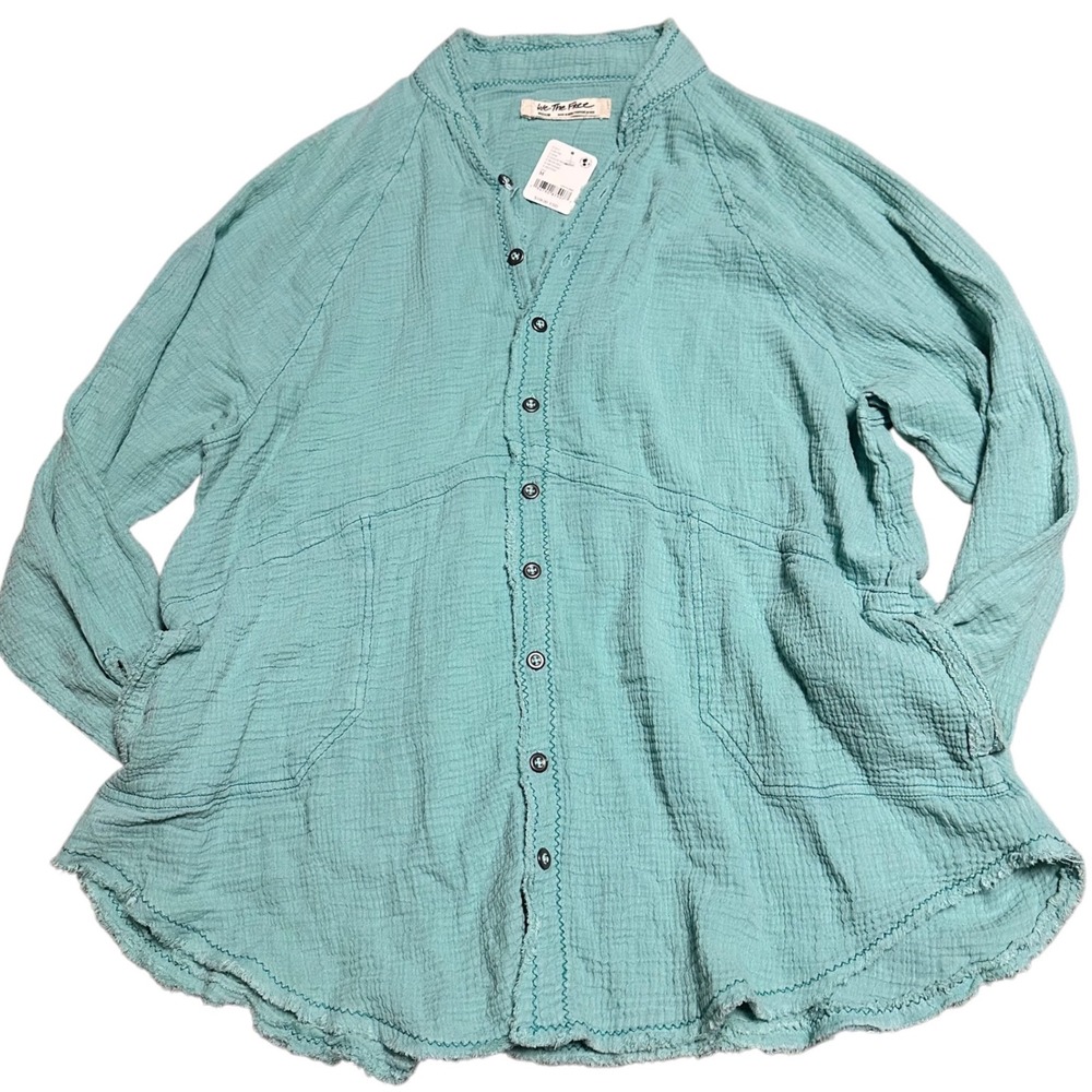Free People Gauze Top Women Medium Turquoise NWT Raw Hem Peasant Boho Shirt